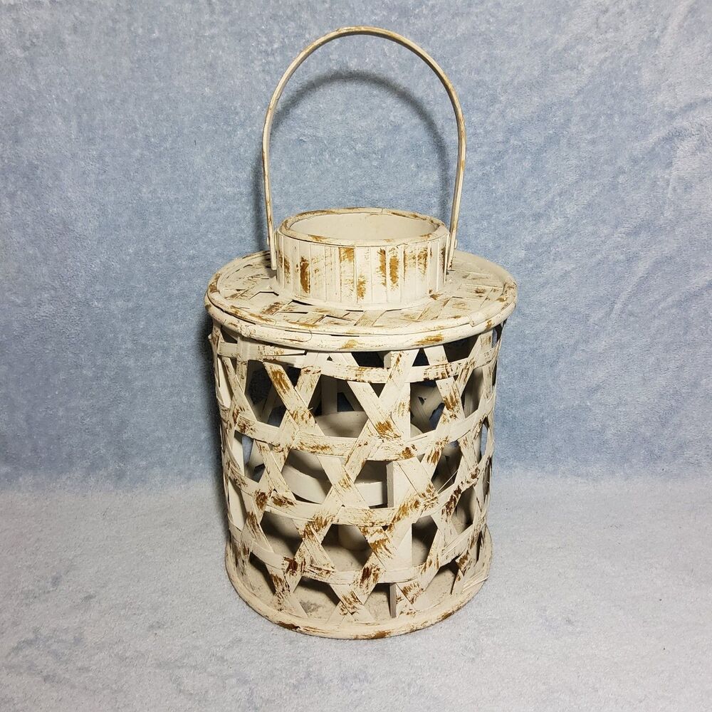 Farmhouse Distressed White Wicker Bamboo Lattice Candle Lantern Coastal Rustic